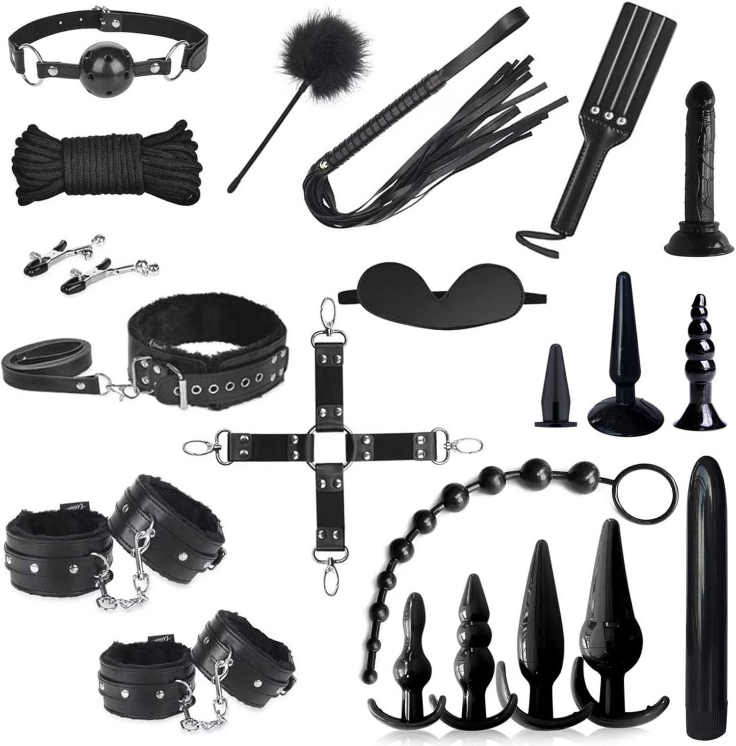 BDSM Fesseln Set Bondage 21-teilig Analplug Handschellen Peitsche
