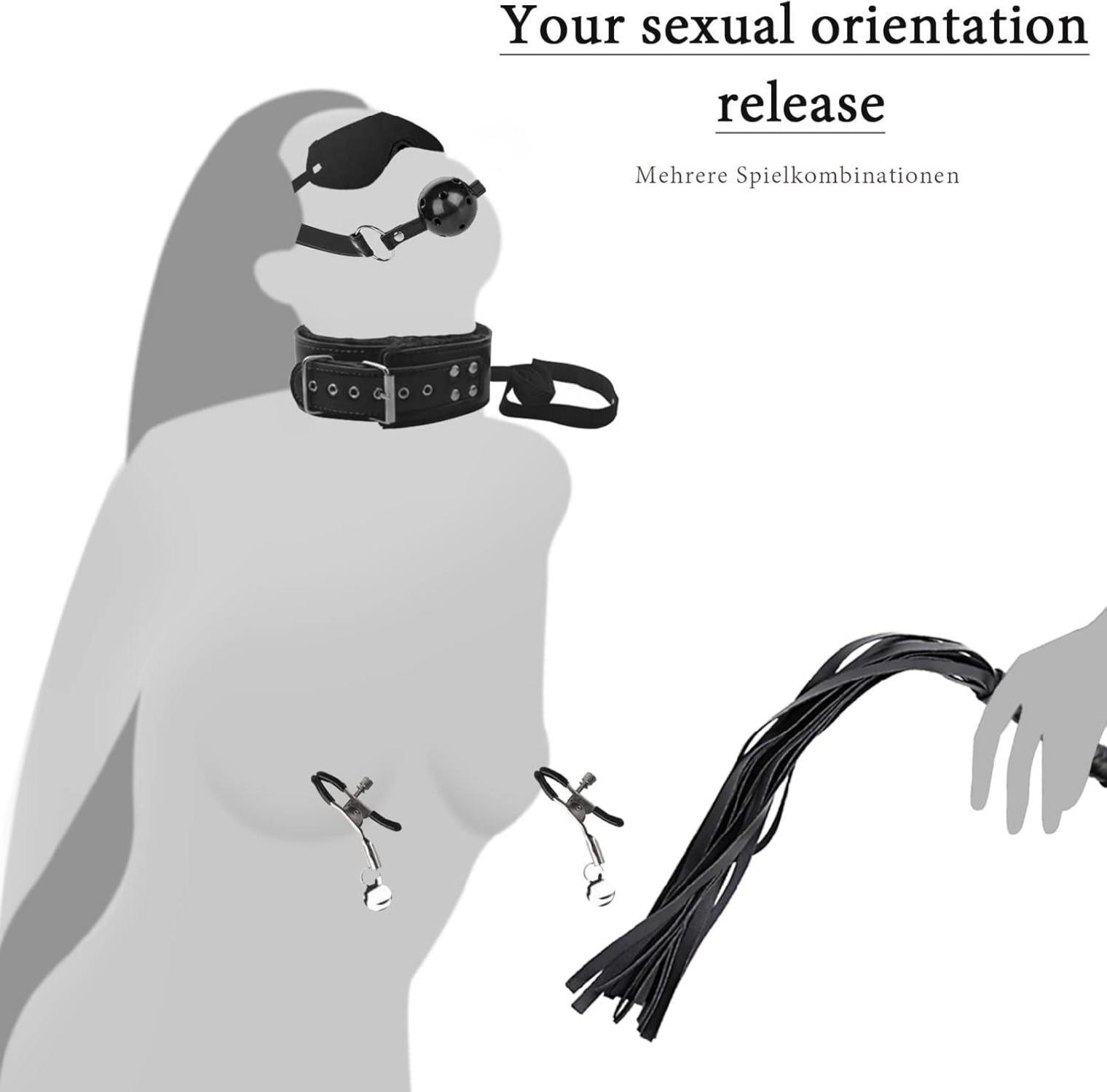 BDSM Bondage Set 21-teilig Leder Handschellen Peitsche Augenbinde Nippelklemmen Knebel Analplug Sexspielzeug