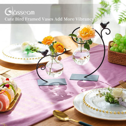 Hydroponic Glasvase Vogel Metallständer Set 2er
