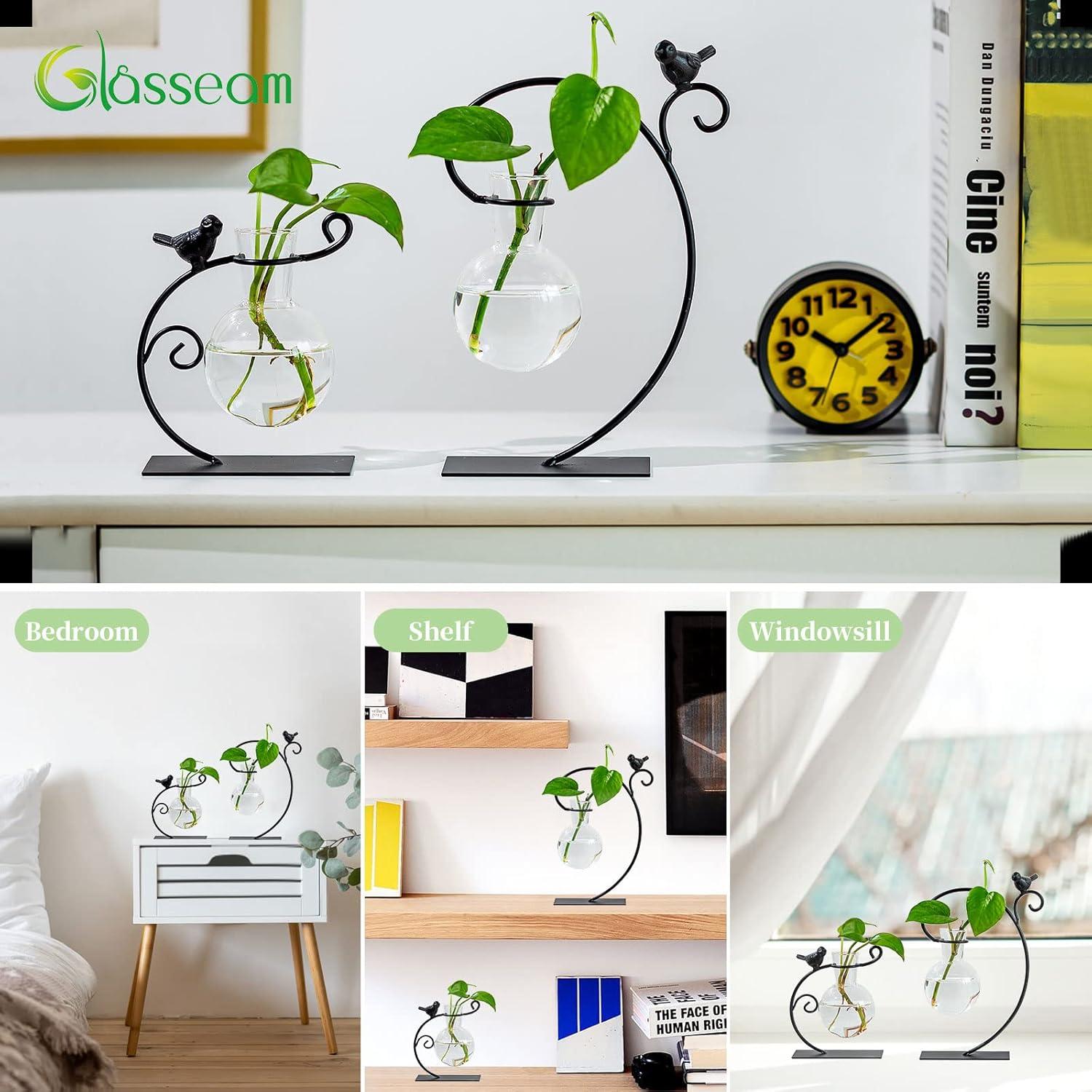 Glasseam Hydroponic Vase Glas Set 2er Modern mit Vogel Metallständer