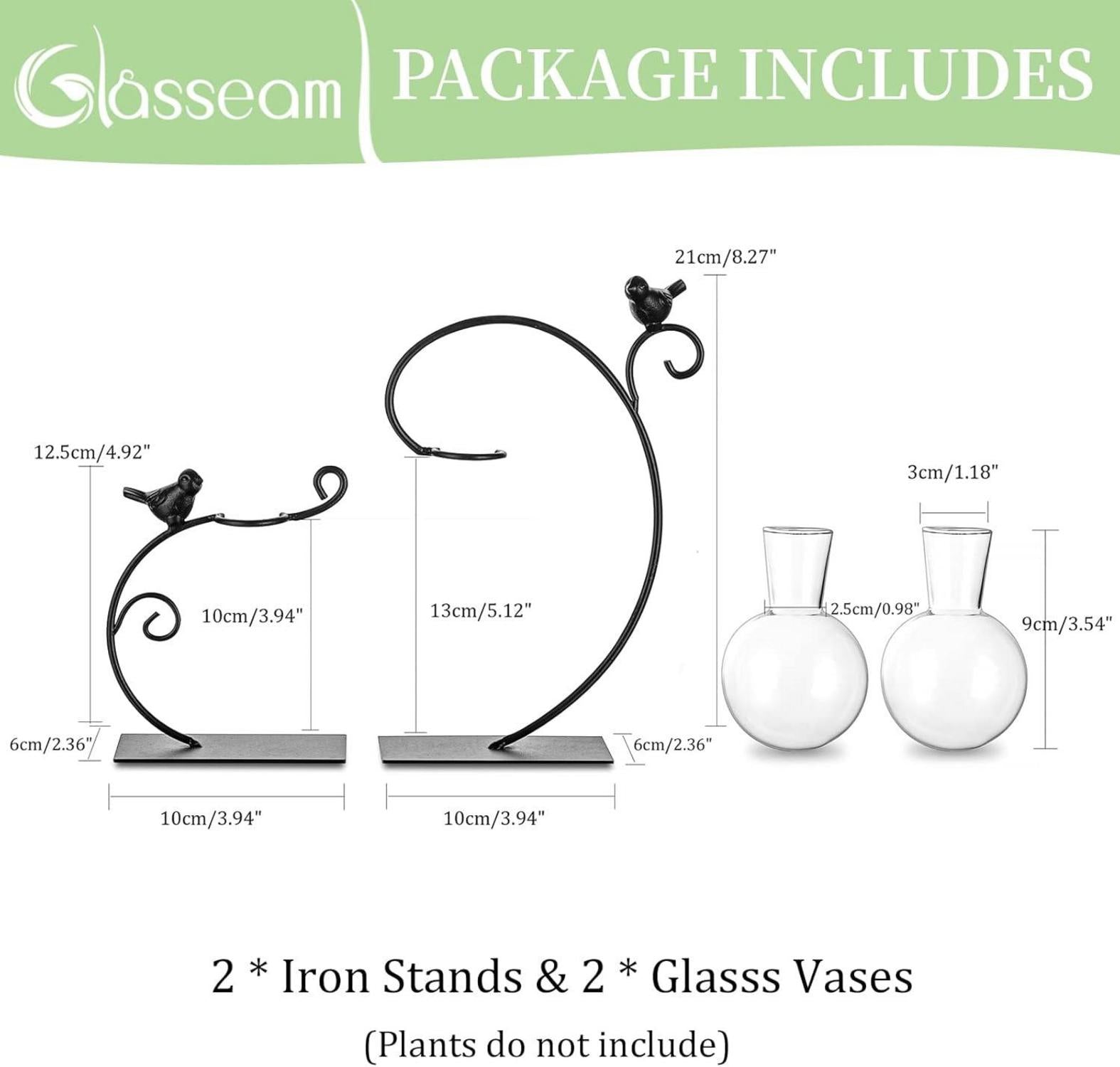 Hydroponic Vasen Set 2er Glasvase mit Vogel Metallständer modern