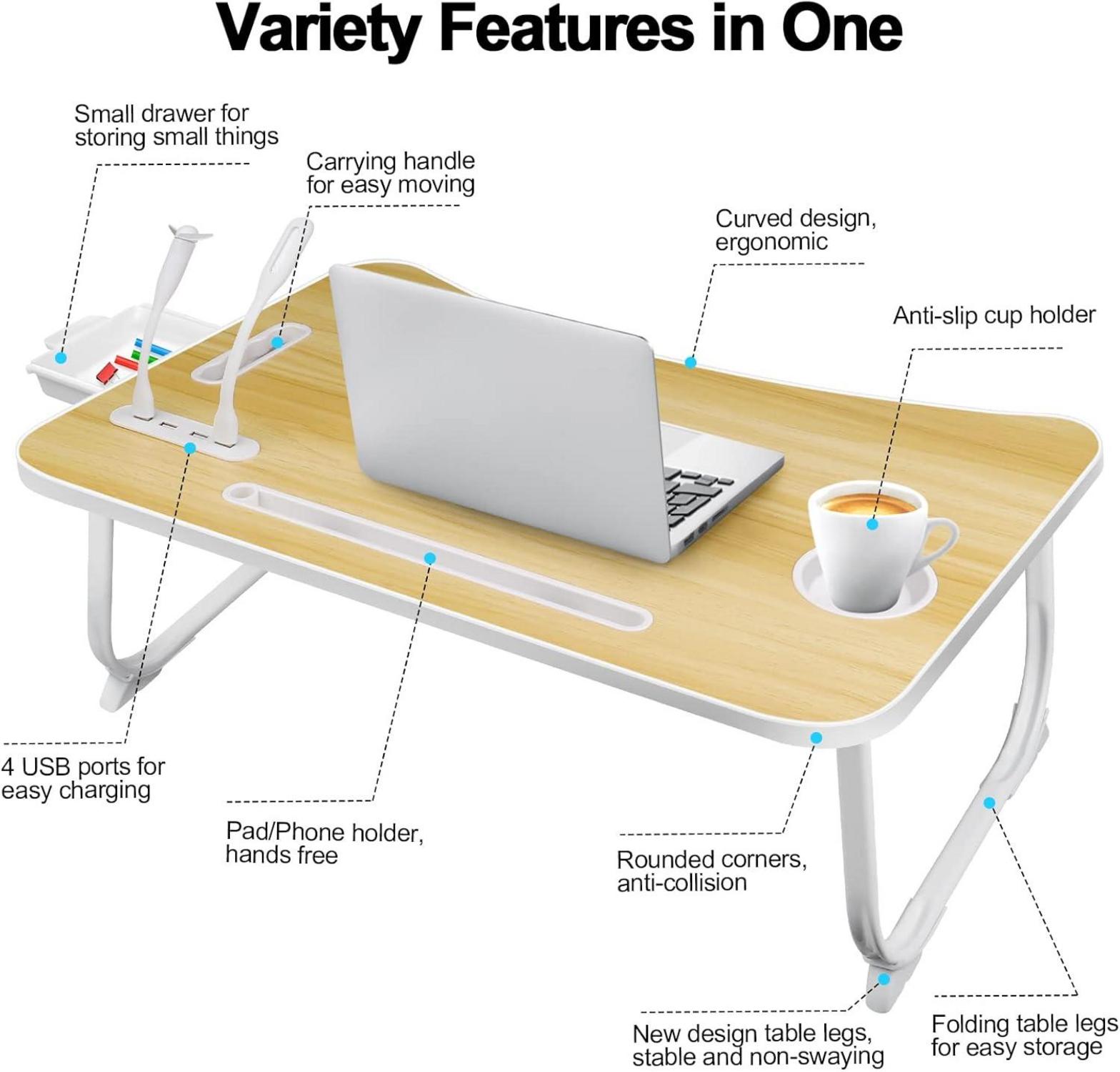 Klappbarer Laptoptisch mit USB, Schublade & Tabletständer