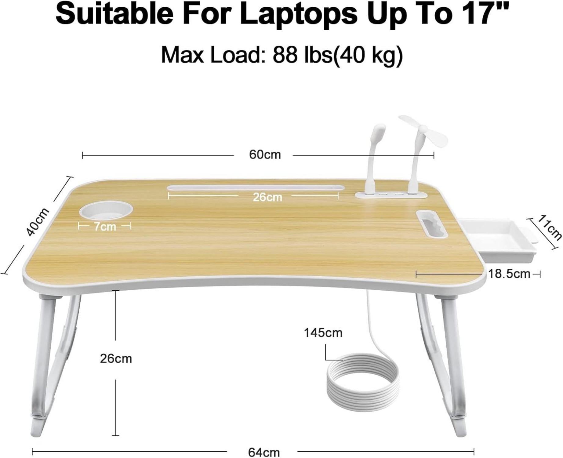 Klappbarer Laptoptisch mit USB, Schublade, Ständer, Getränkehalter