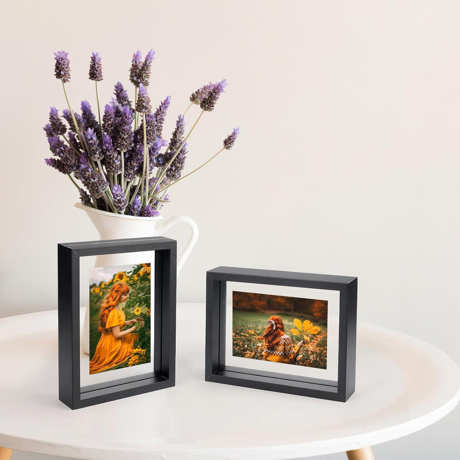 EXYGLO 2er Pack Schwarz Bilderrahmen 10x15 cm Doppelglas für Tisch & Wand - Fotos bis 15x20 cm