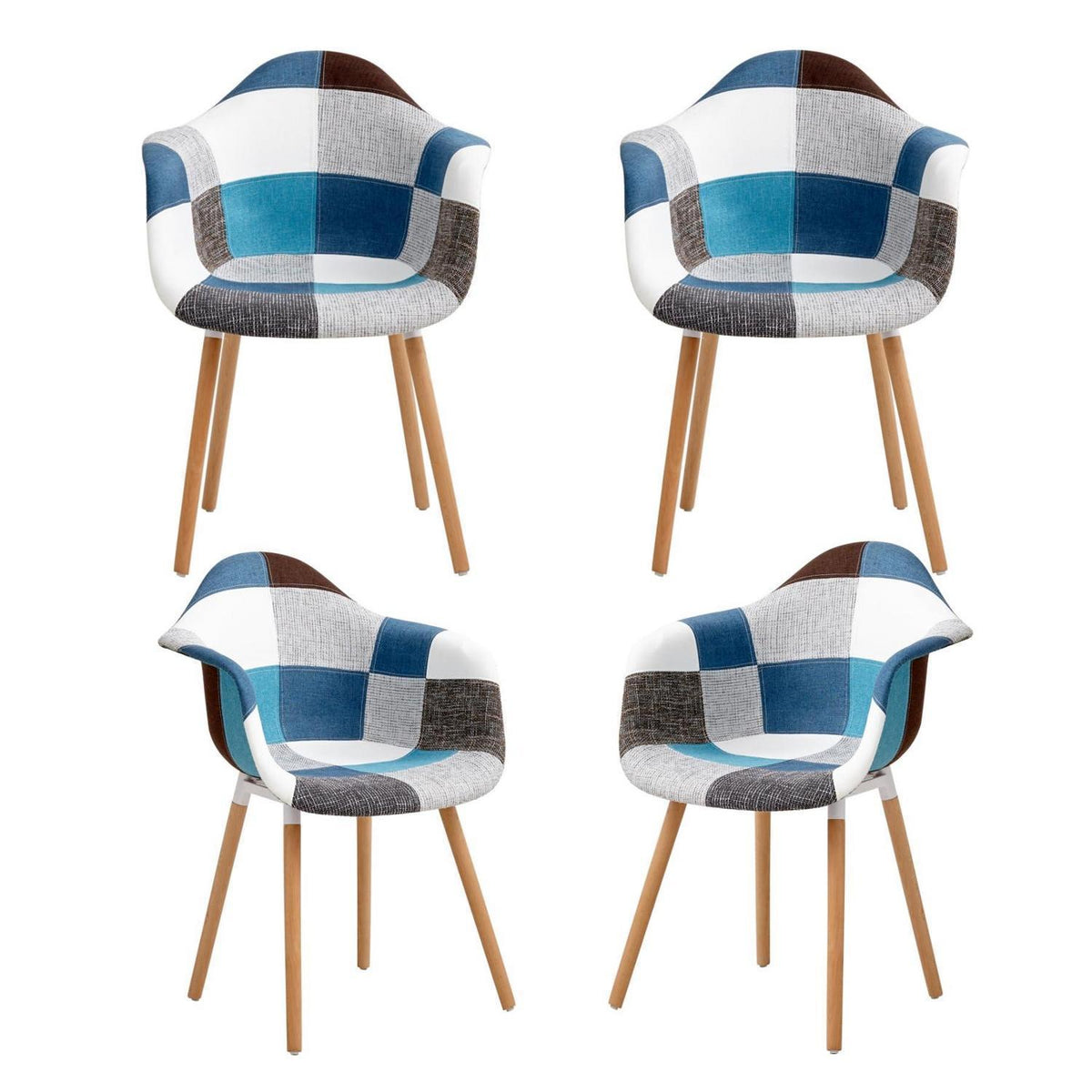 Patchwork Esszimmerstühle mit Armlehnen – Set 4 | Blau