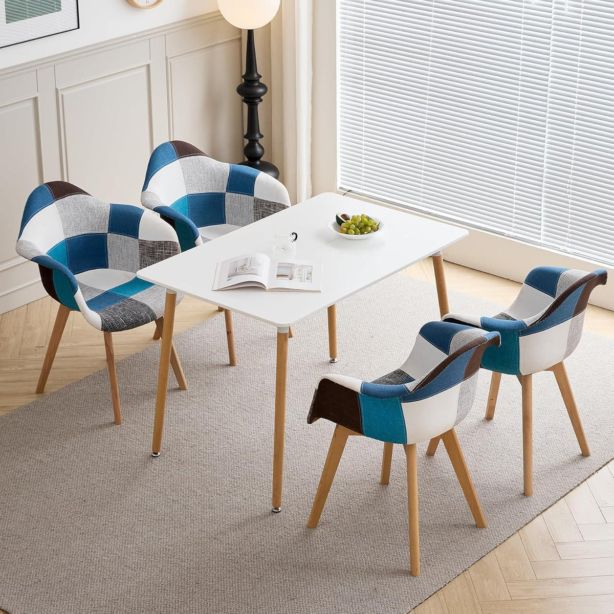 2 Esszimmerstühle Patchwork Blau mit Armlehnen & Buchenholz