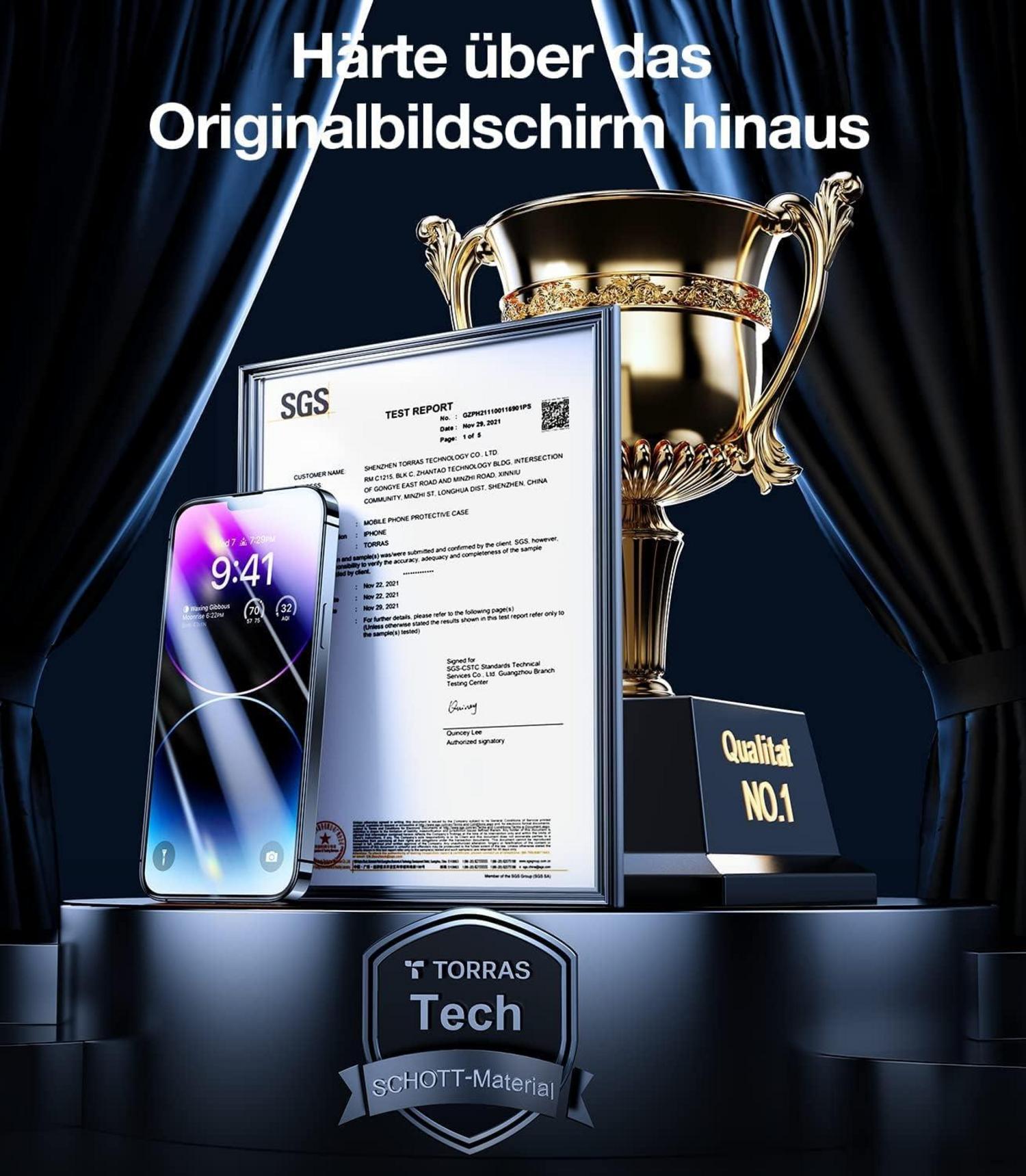 TORRAS iPhone 14 Pro Panzerglas 9H Härte SCHOTT Rohglas