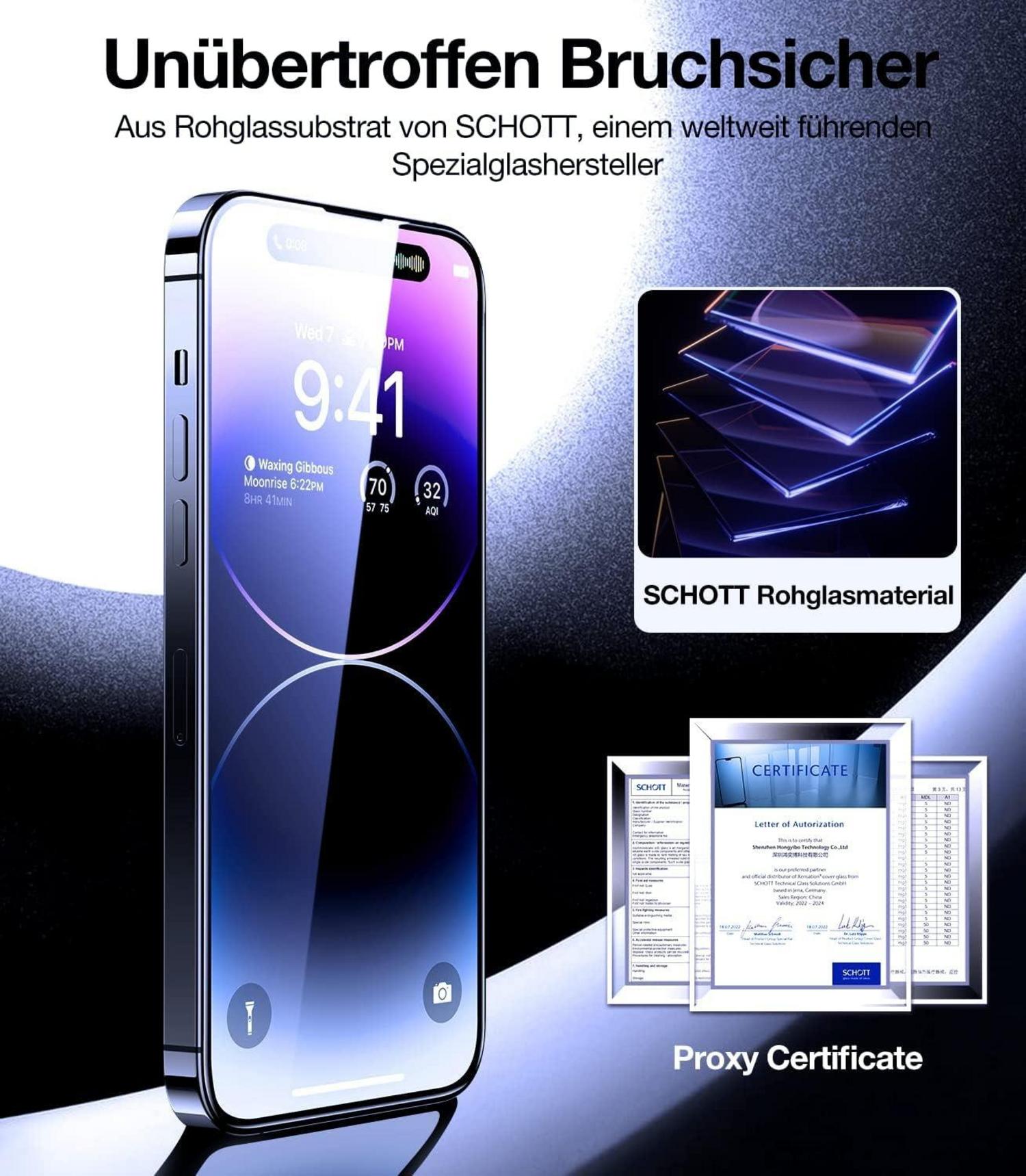 TORRAS iPhone 14 Pro Panzerglas 9H Härte SCHOTT Glas Kratzfest