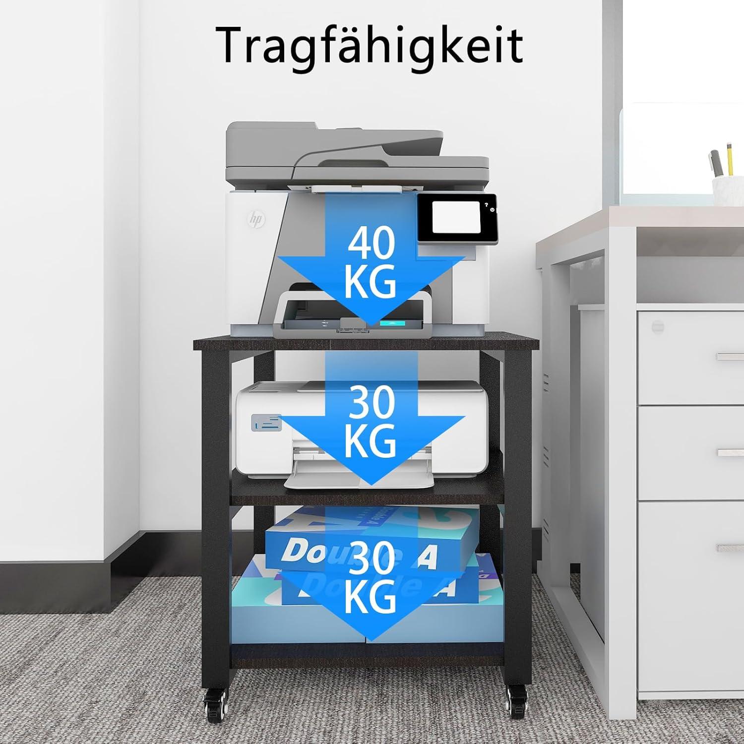 3-Ebene Druckertisch mit Universalrollen in Schwarz 50x50x50cm
