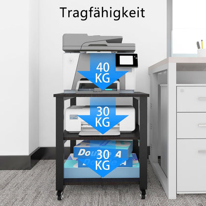 3-Ebene Druckertisch mit Universalrollen in Schwarz 50x50x50cm