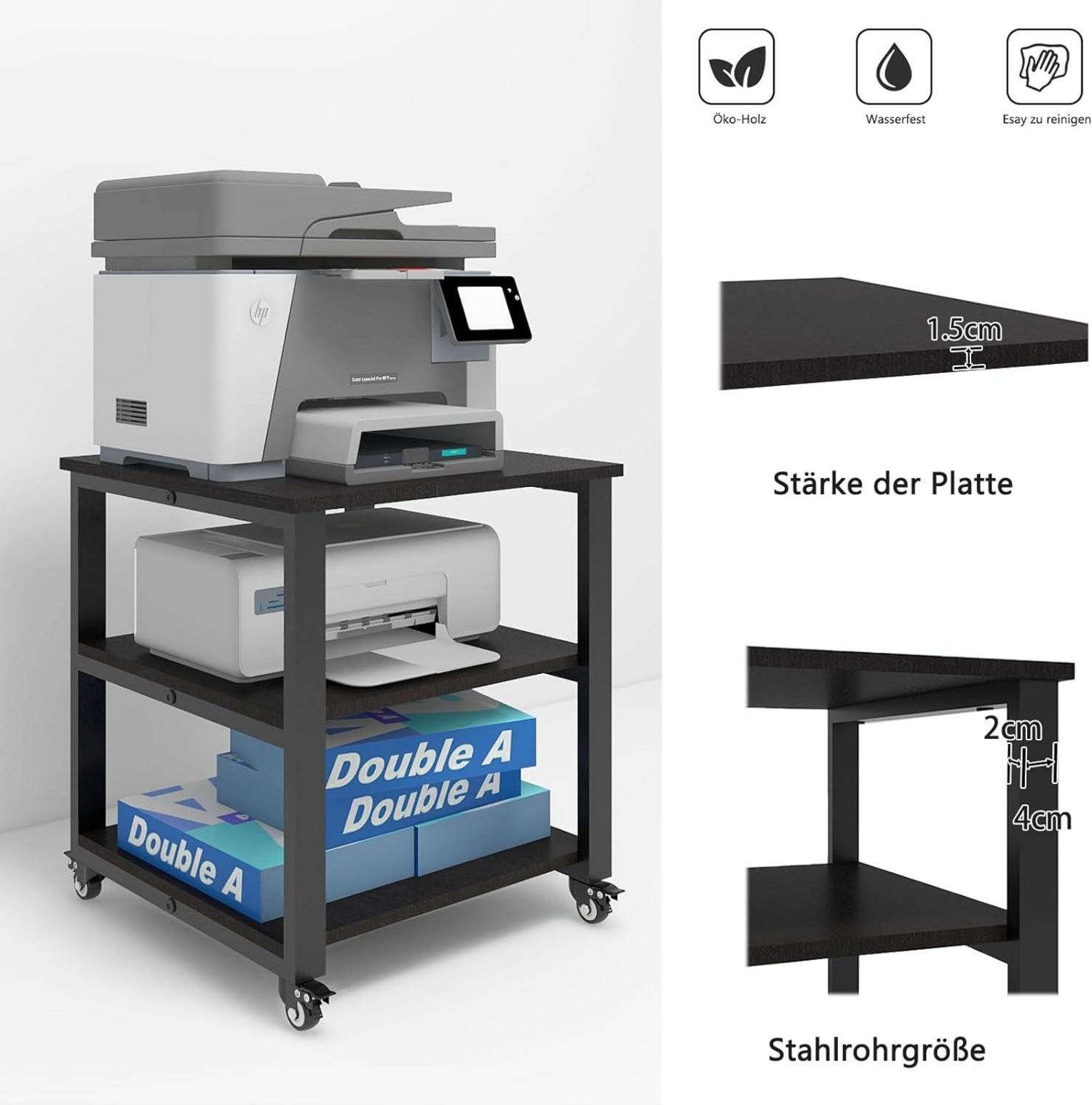 Druckertisch 3-Ebenen Universalrollen 50x50x50 cm Schwarz Büro Home Office
