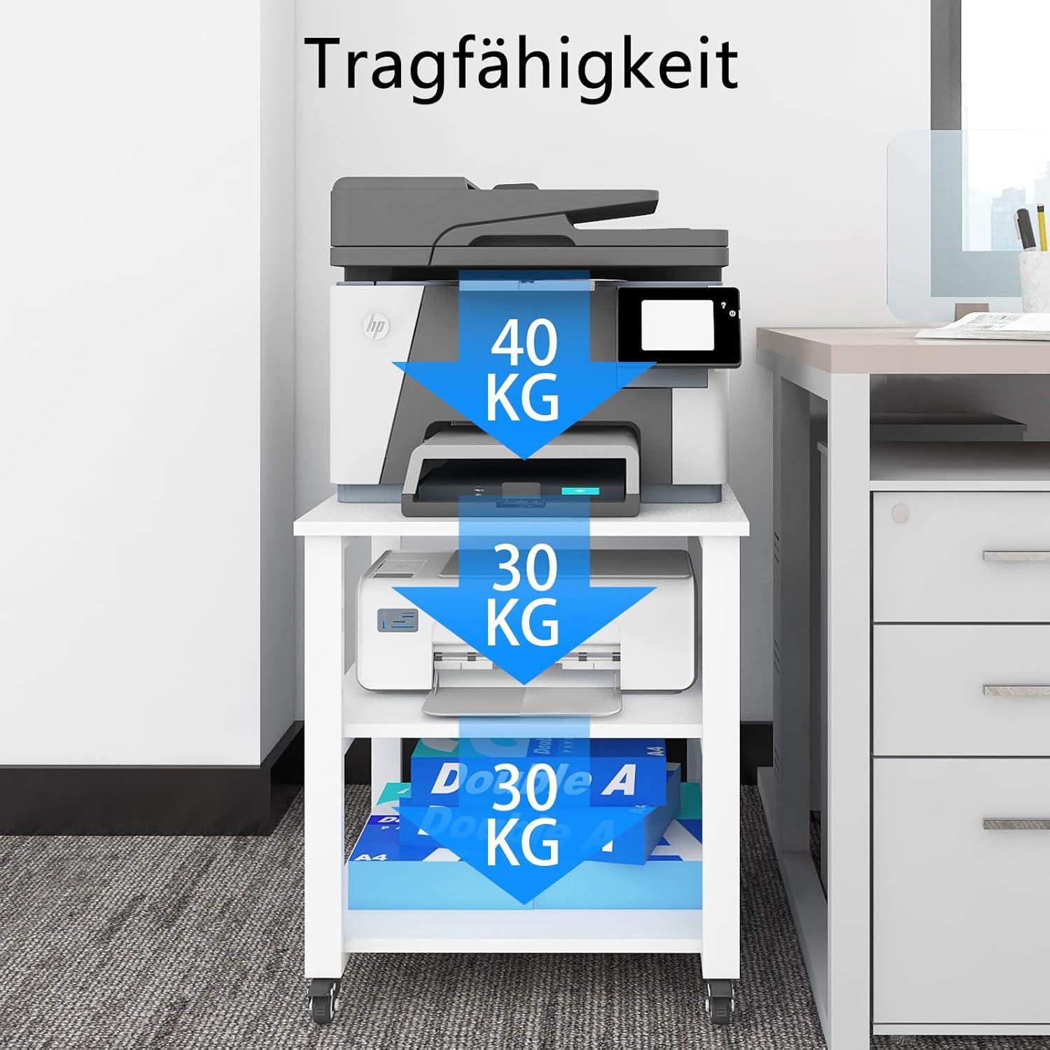 Druckertisch mit Universalrollen Holz Metall weiß 3-Etagen 70kg