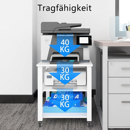 Druckertisch mit Universalrollen Holz Metall weiß 3-Etagen 70kg