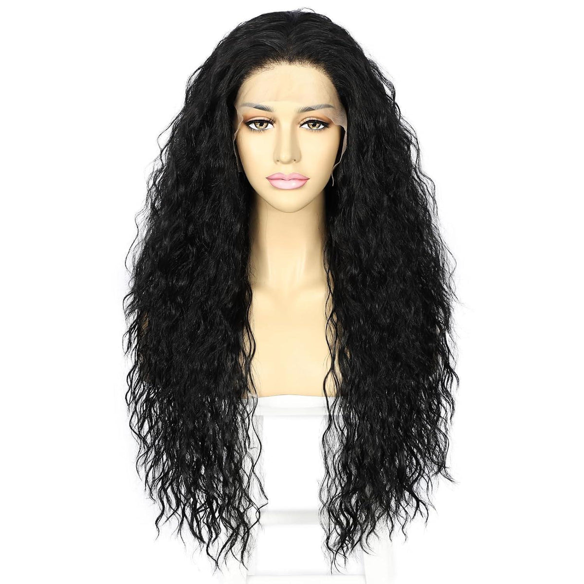 Lockige Schwarz Lace Front Perücke – Synthetisch & Hitzebeständig 26 Zoll