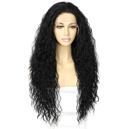 Lockige Schwarz Lace Front Perücke – Synthetisch & Hitzebeständig 26 Zoll