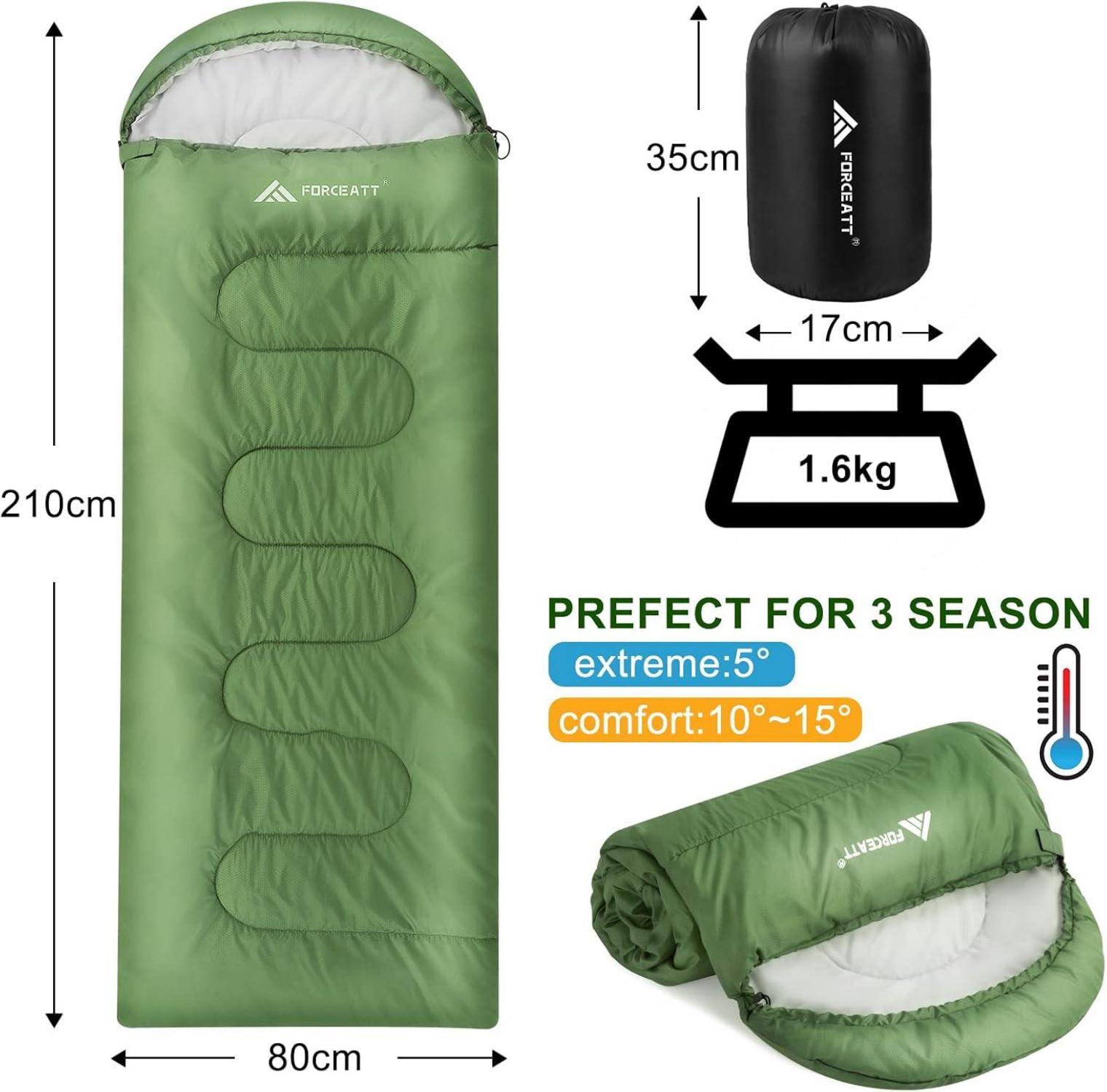 Forceatt Schlafsack 4 Jahreszeiten 210x80cm 1.6KG Grün