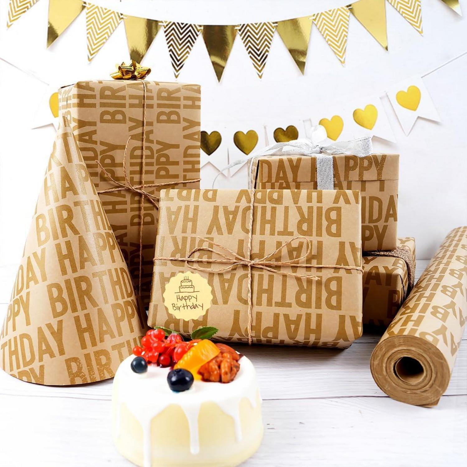 Geschenkpapier Happy Birthday Gold Kraftpapierrolle 15m