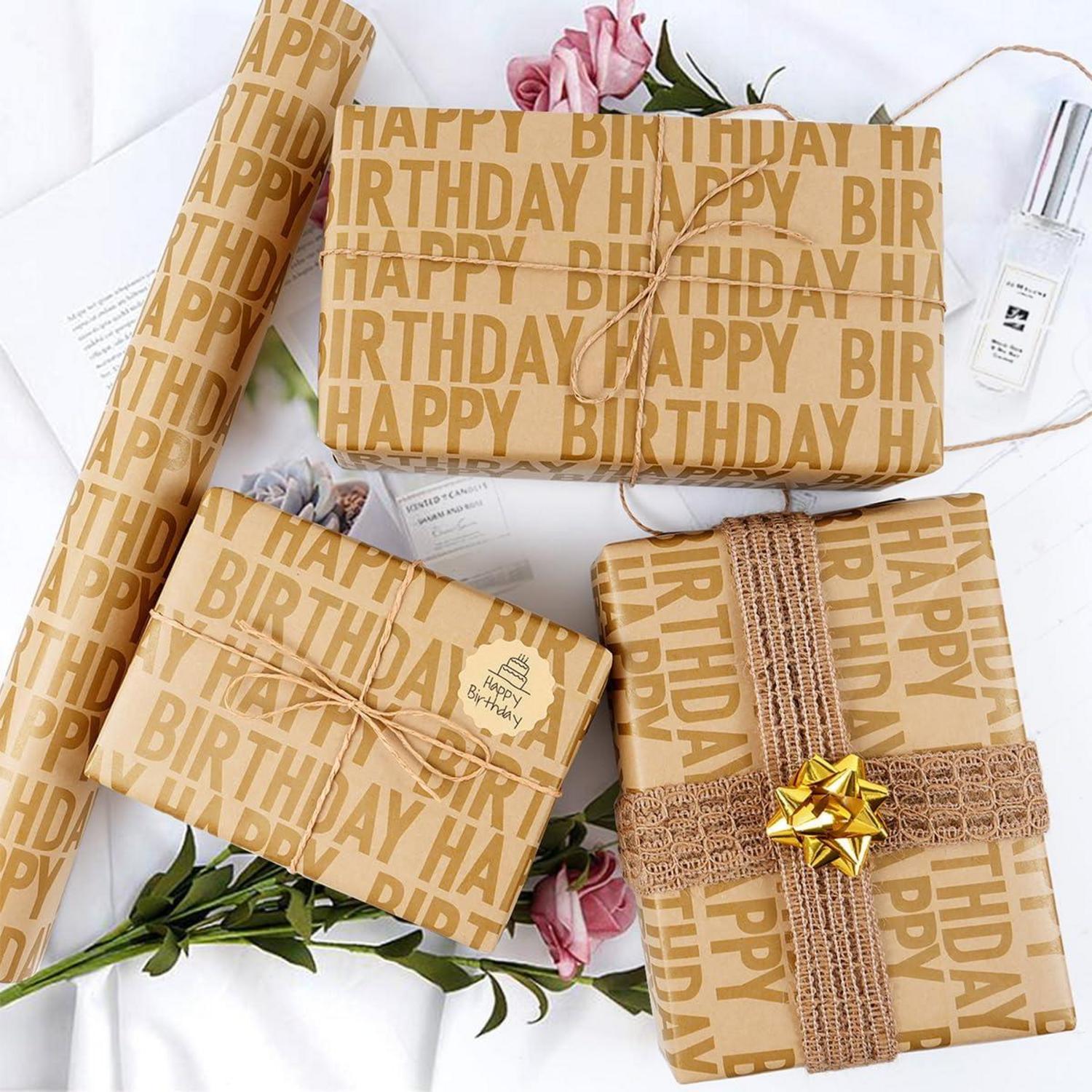 Goldes Happy Birthday Geschenkpapier Rolle 15m x 43cm, Geburtstag Kraftpapier für Frauen Kind