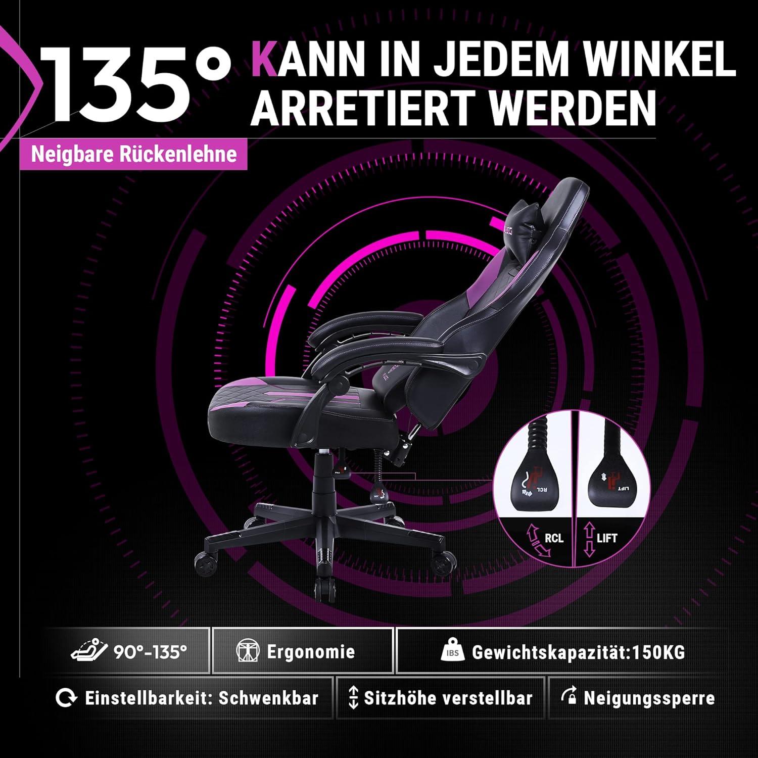 Ergonomischer Racing Gaming Stuhl mit Lendenwirbelstütze - Schwarz Lila 150KG
