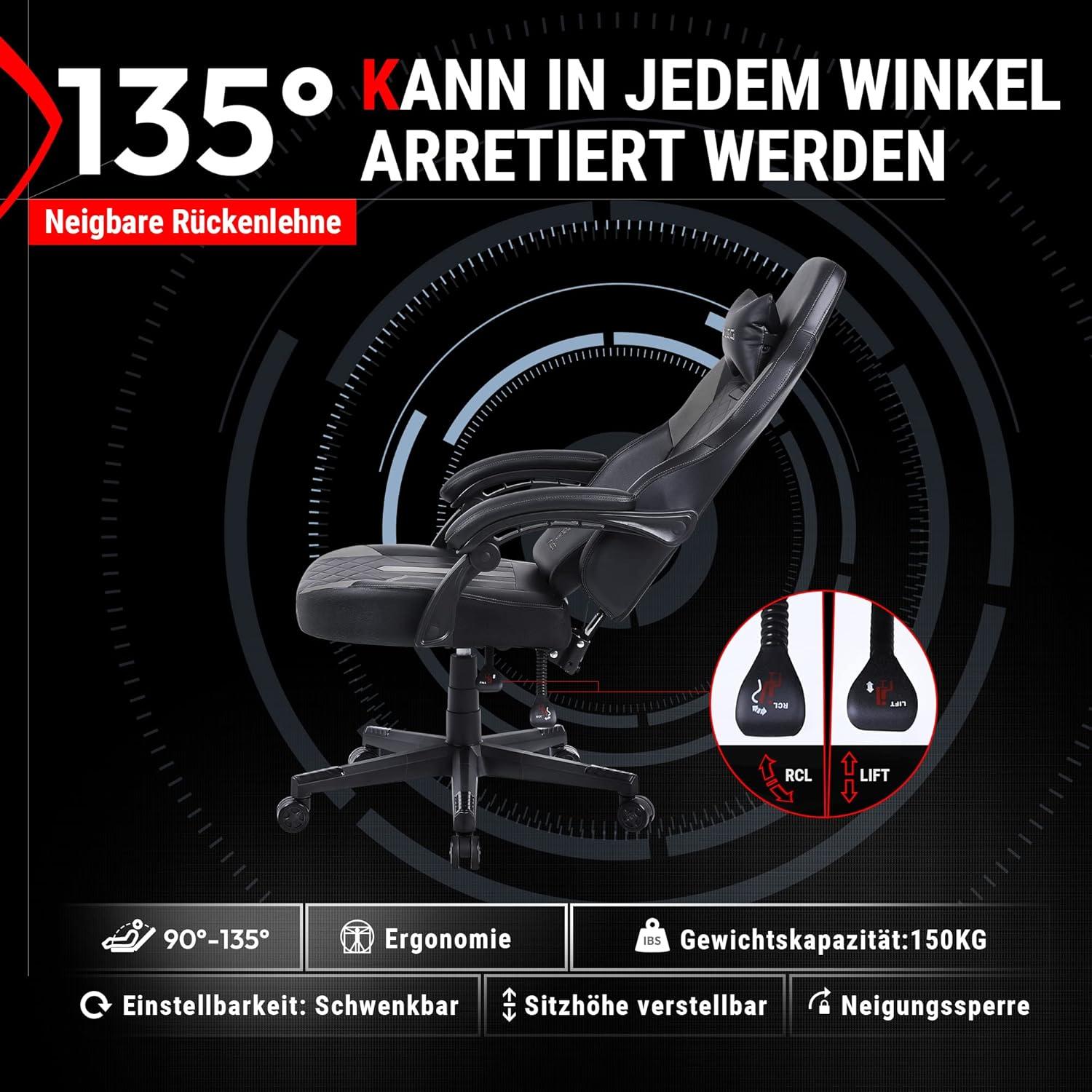 Gaming Stuhl Racing Gamer Sessel Massage Bürostuhl 150KG Schwarz Grau