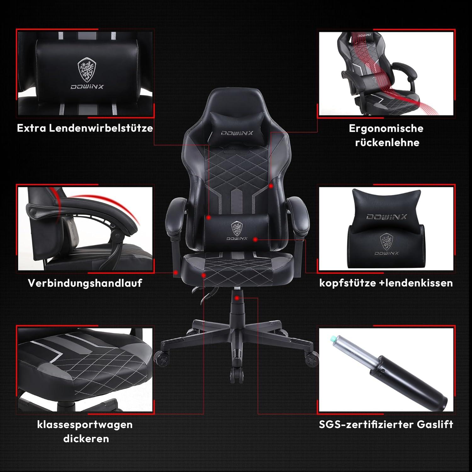 Dowinx Gaming Stuhl mit Massage und Frühlingskissen, ergonomisch, PU Leder, Schwarz Grau