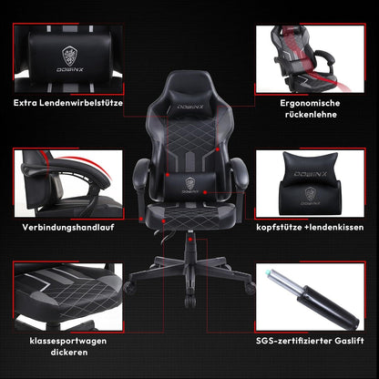 Dowinx Gaming Stuhl mit Massage und Frühlingskissen, ergonomisch, PU Leder, Schwarz Grau