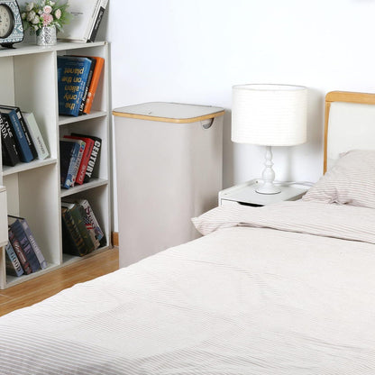 Wäschesammler 100 Liter mit Deckel und Bambusgriffen Hellgrau