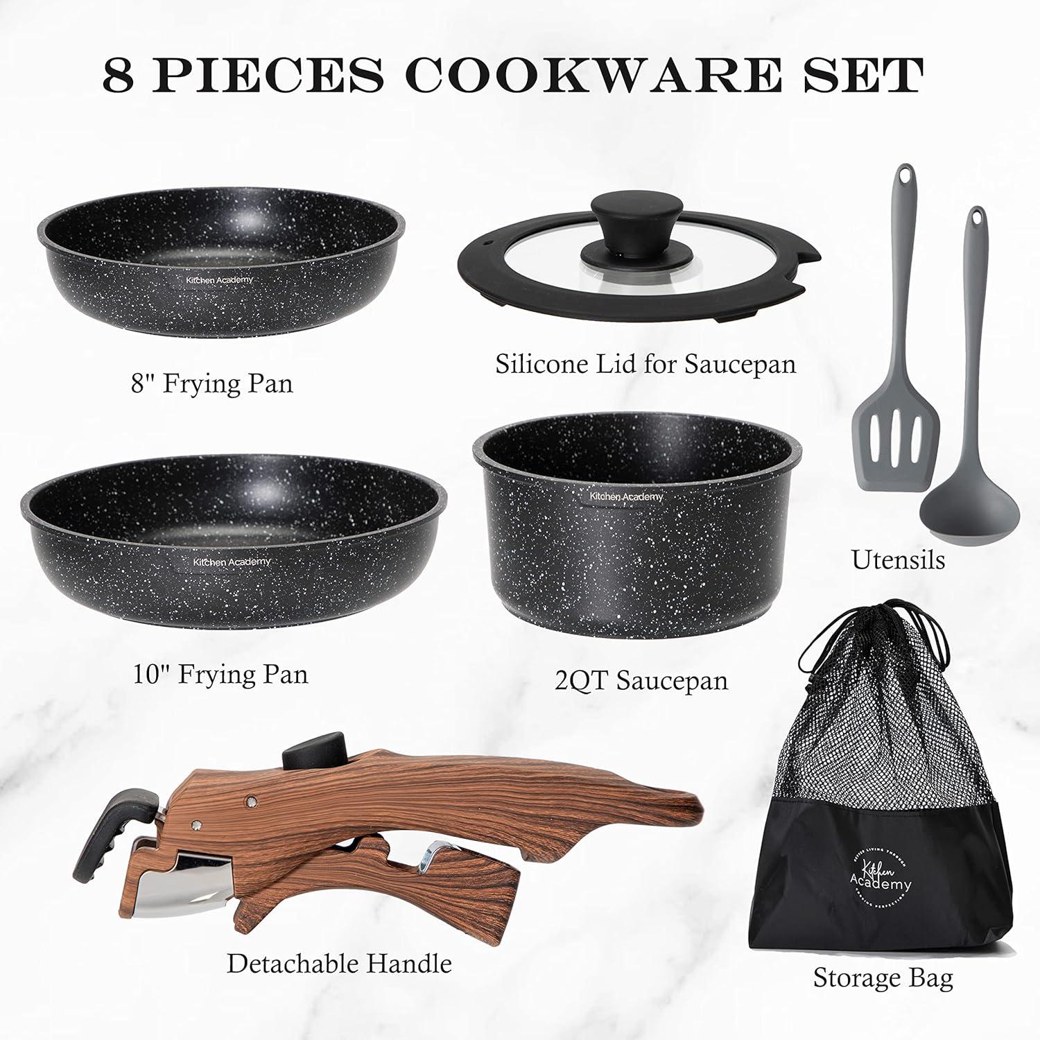 Kitchen Academy Topfset 10tlg. Abnehmbarer Griff für alle Herdarten, Induktionstöpfe Antihaftversiegelung, Stapelbar, Camping Pfannen