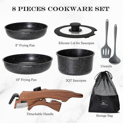 Kitchen Academy Topfset 10tlg. Abnehmbarer Griff für alle Herdarten, Induktionstöpfe Antihaftversiegelung, Stapelbar, Camping Pfannen