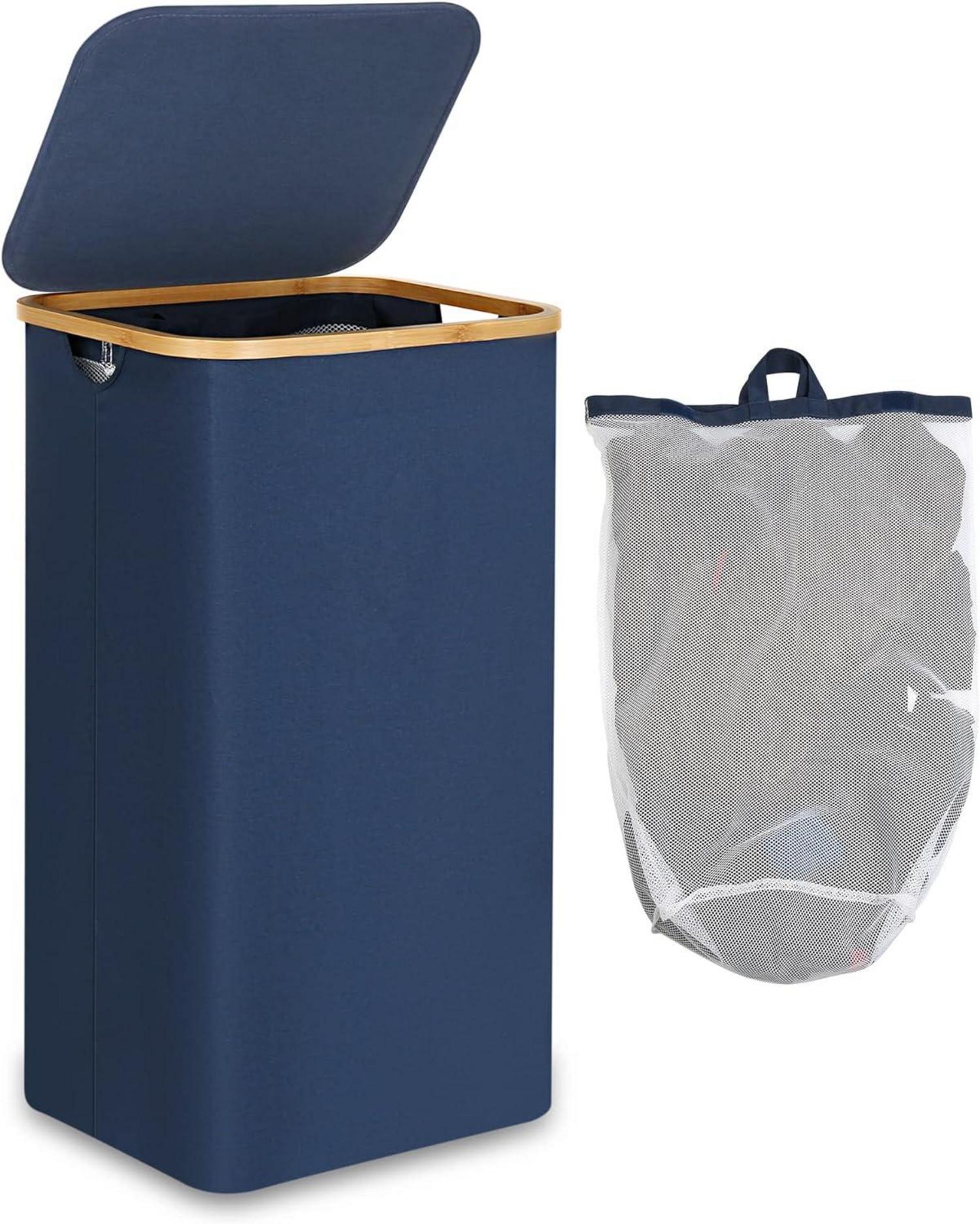 Wäschekorb mit Deckel Bambus Laundry Basket 100L faltbar groß XXL Blau