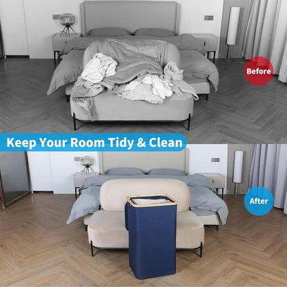 Wäschekorb mit Deckel Bambus Blau 100 Liter XXL faltbar