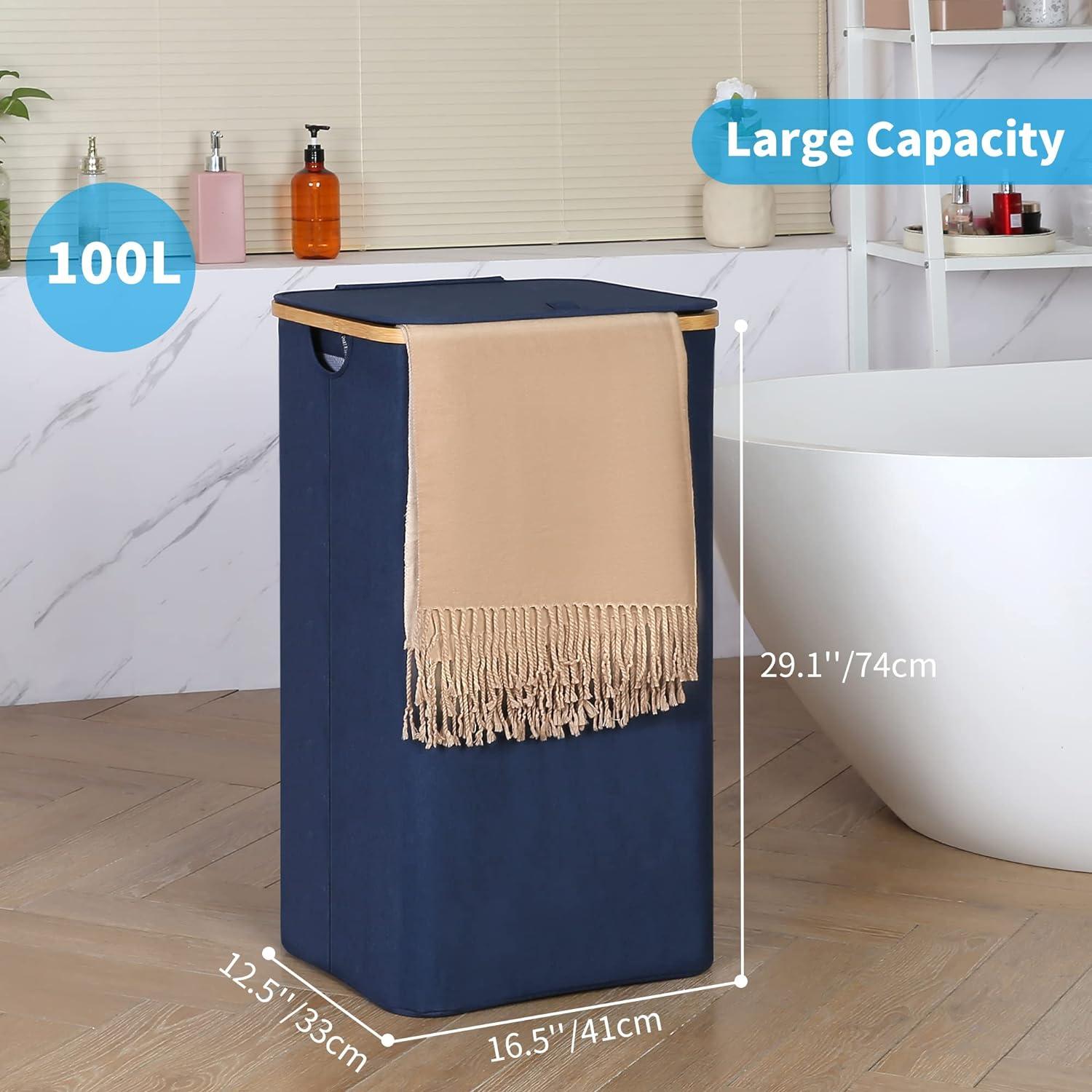 Wäschekorb mit Deckel Bambus Laundry Basket 100L faltbar groß XXL Blau