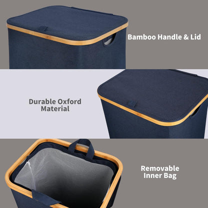 efluky Wäschekorb Bambus faltbar XXL 100 Liter Blau mit Henkel und Tasche