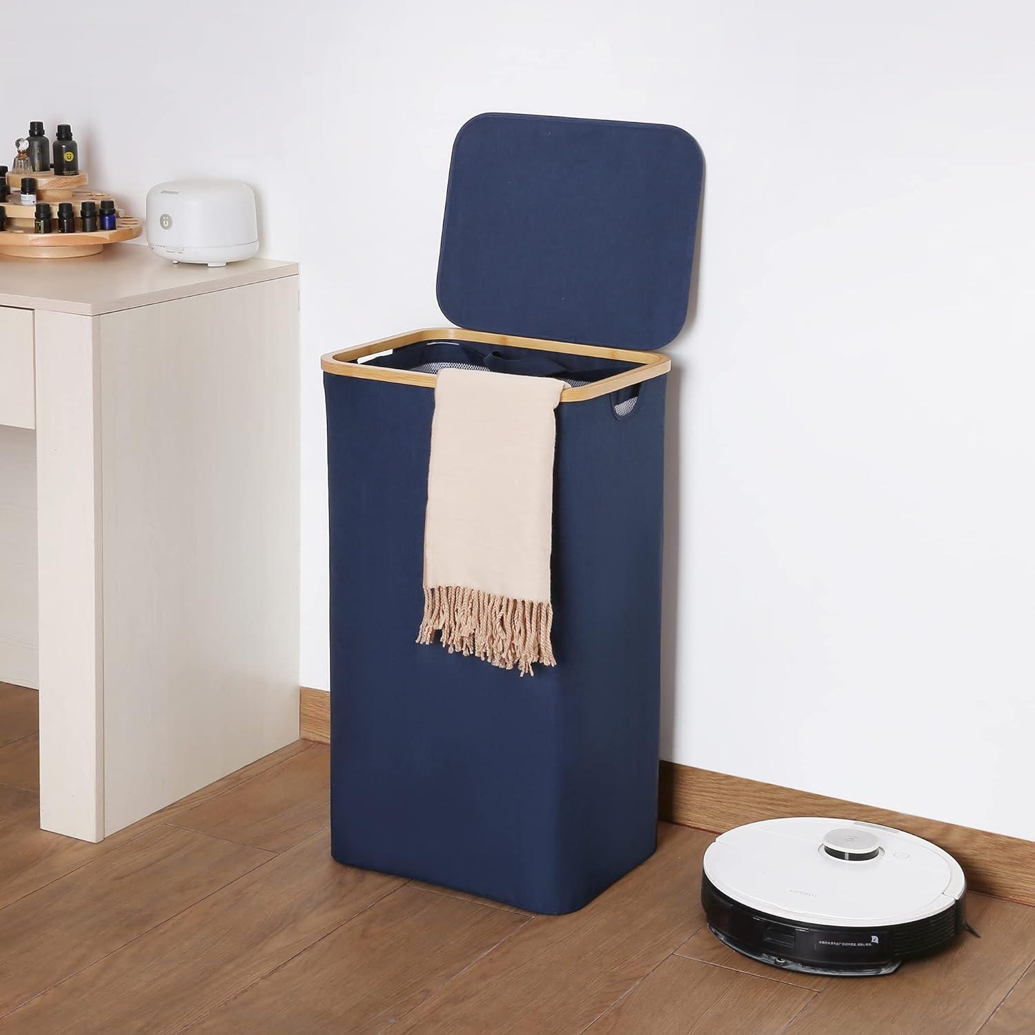 efluky Wäschekorb Bambus faltbar XXL 100 Liter Blau mit Henkel und Tasche