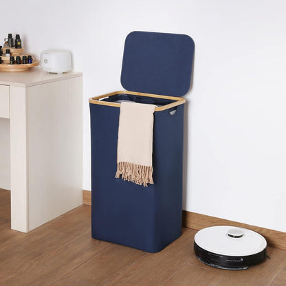 efluky Wäschekorb Bambus faltbar XXL 100 Liter Blau mit Henkel und Tasche