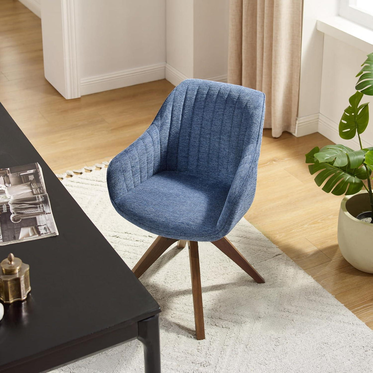 Drehstuhl Esszimmer Blau Leinen Polsterstuhl mit Armlehnen