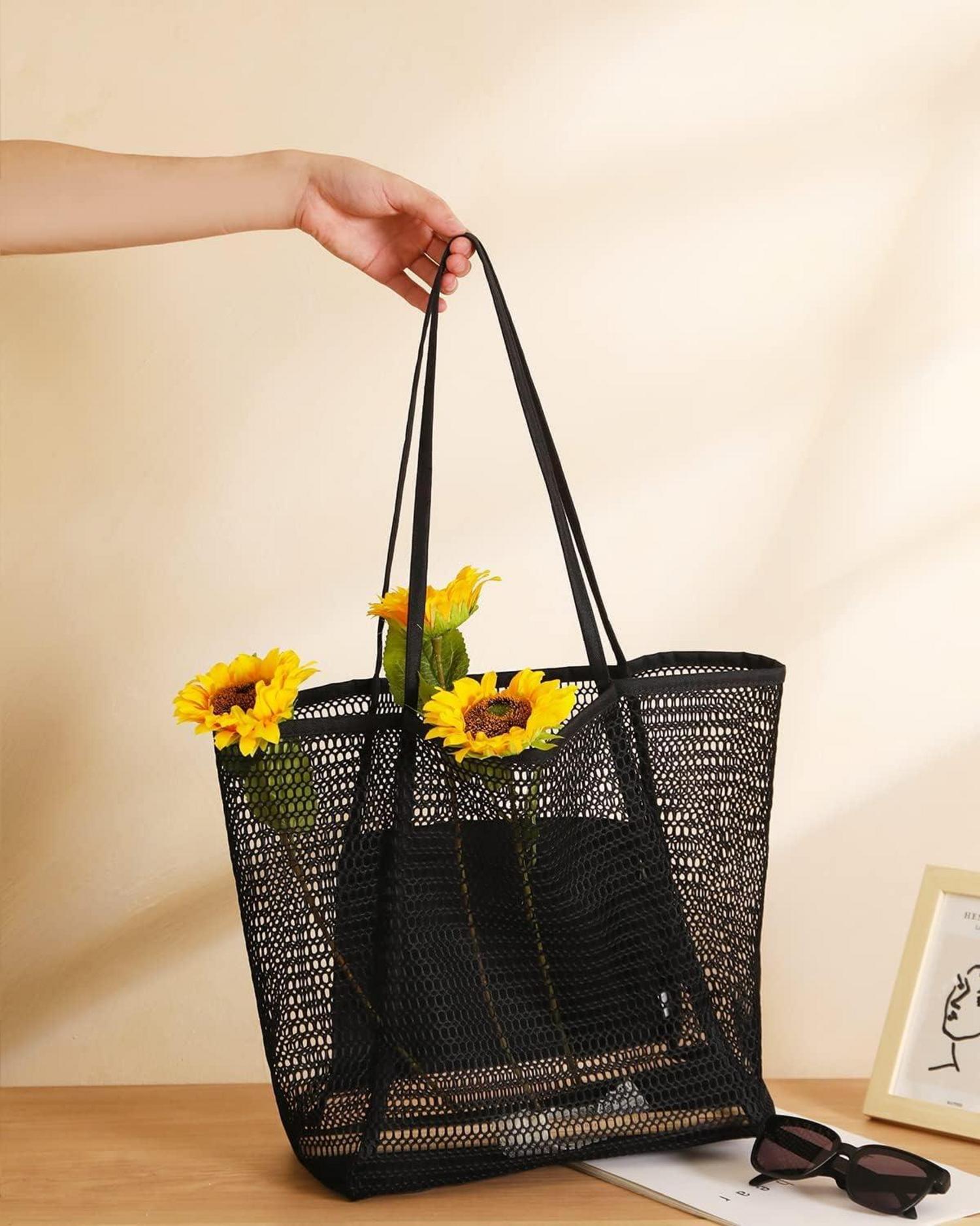 Große Strandtasche Damen XL Netz Reißverschluss Faltbar Leicht Badetasche Mesh