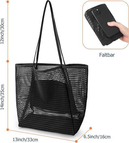 Große Strandtasche Damen XL Netz Reißverschluss Faltbar Mesh