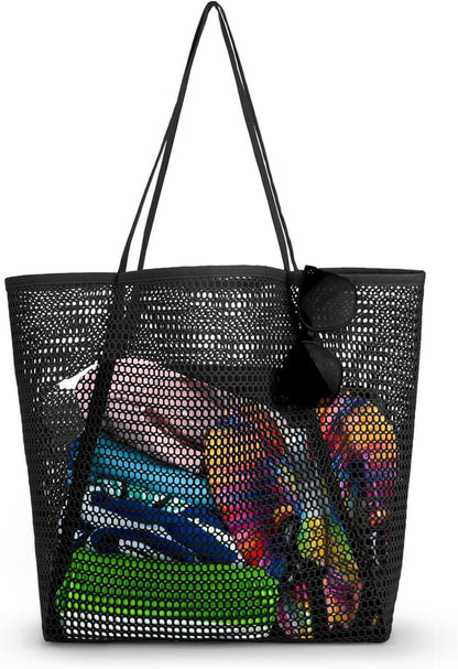 Große Strandtasche Damen XL Netz Reißverschluss Faltbar Leicht Badetasche Mesh