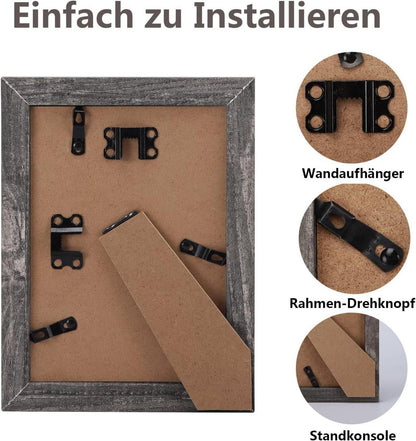4er-Set Bilderrahmen 10x15 cm Echtglas Grau Rustikale Fotorahmen Holzmaserung