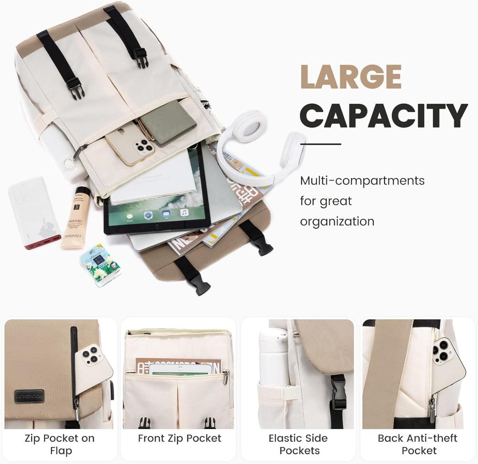 LOVEVOOK Schulrucksack Mädchen Damen 15.6 Zoll Laptop Elegant Wasserdicht Khaki