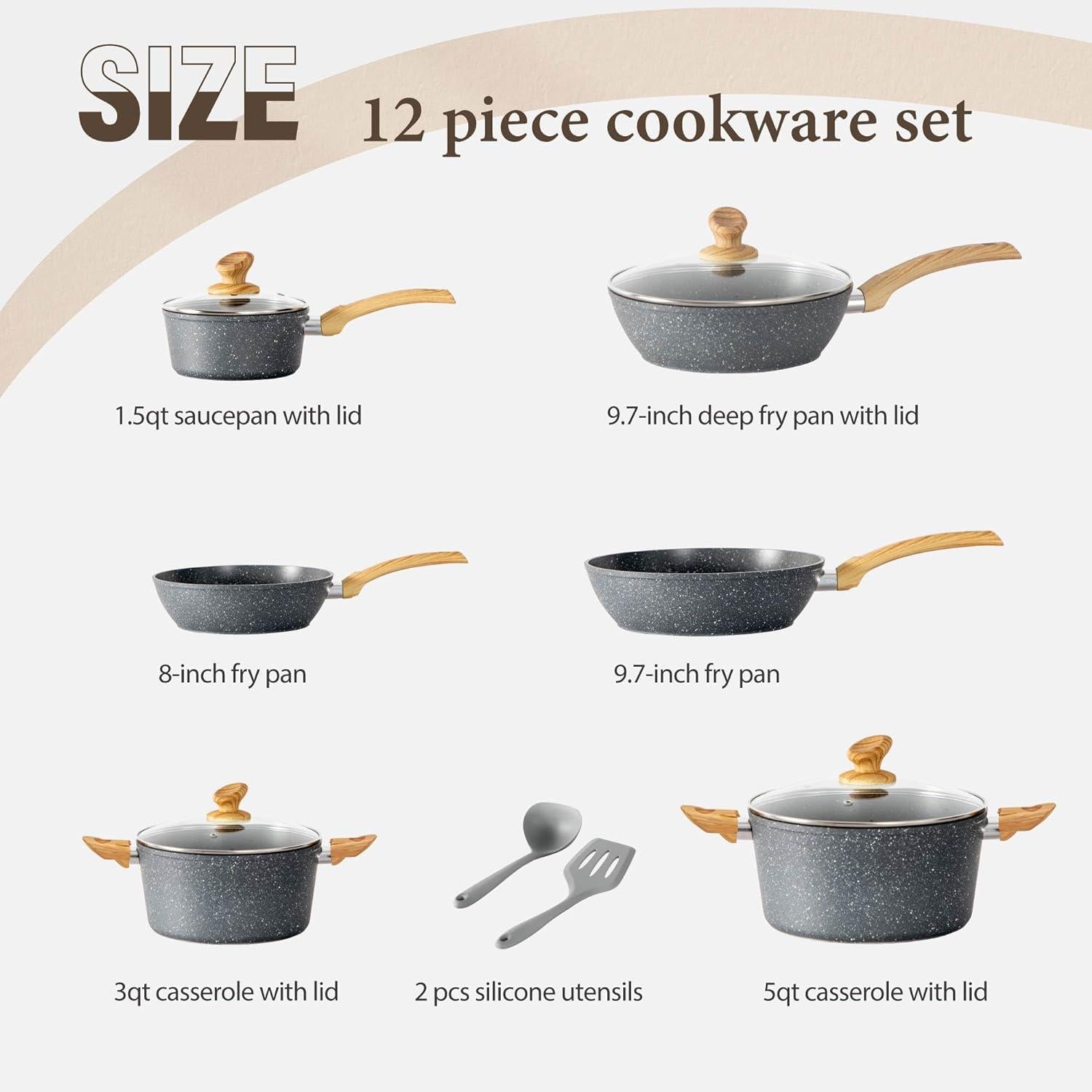 12tlg. Granit Kochgeschirr-Set Induktion Pfannen 20cm, 28cm, Topf 2.8L, 4.8L