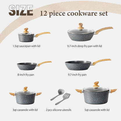 12tlg. Granit Kochgeschirr-Set Induktion Pfannen 20cm, 28cm, Topf 2.8L, 4.8L