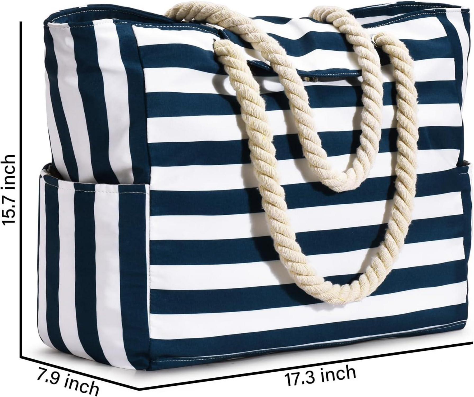 Oscaurt Strandtasche wasserdicht mit Reißverschluss und Nassfach - XXL Strandtasche Streifen - Große Familien Badetasche