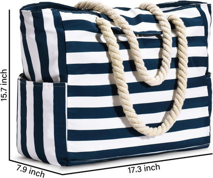 Oscaurt Strandtasche wasserdicht mit Reißverschluss und Nassfach - XXL Strandtasche Streifen - Große Familien Badetasche