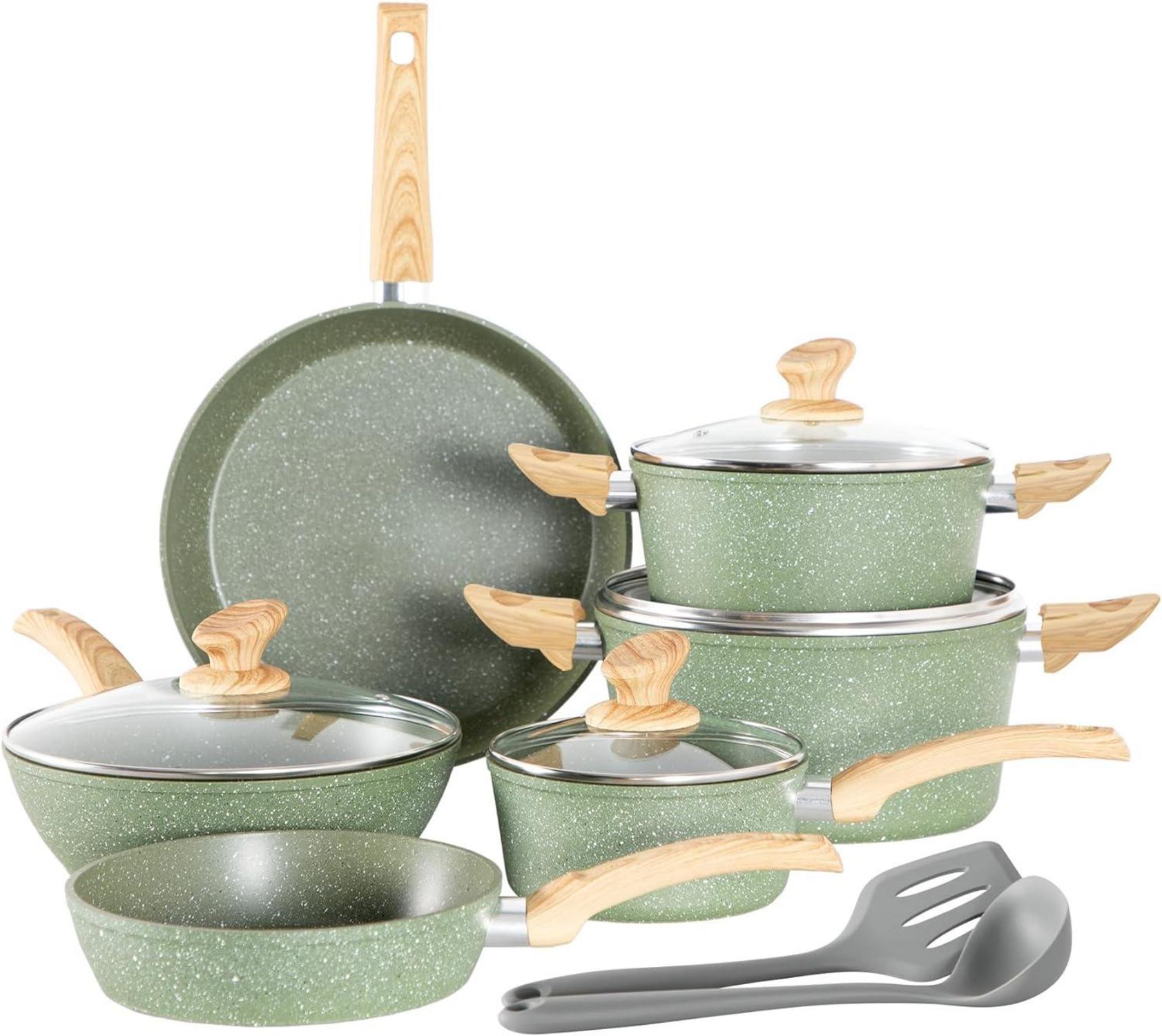 12-teiliges Induktions-Kochtöpfe Set mit Grüner Granit Beschichtung