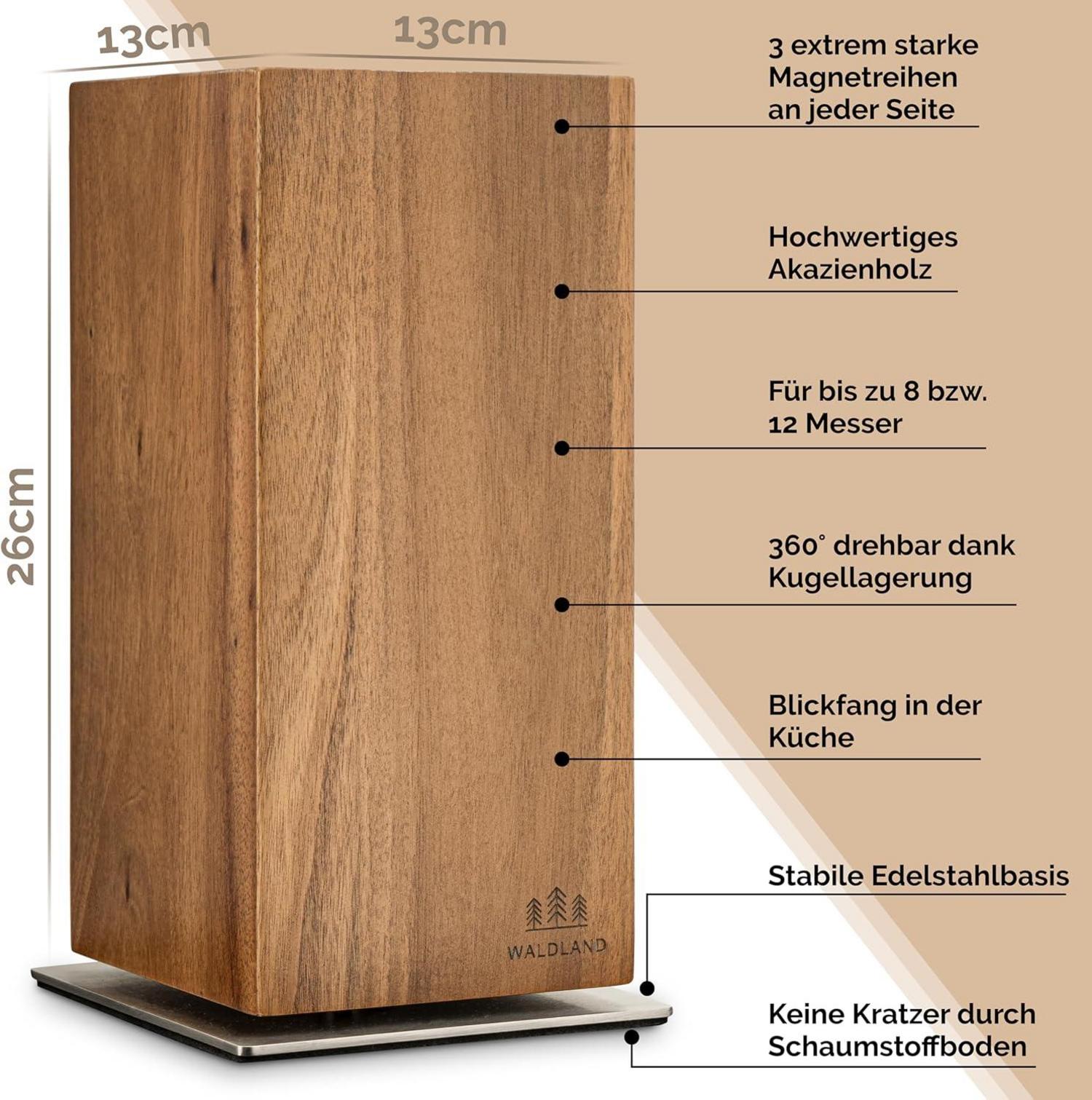 Messerblock magnetisch aus Akazienholz - 360° drehbar - für 12 Messer