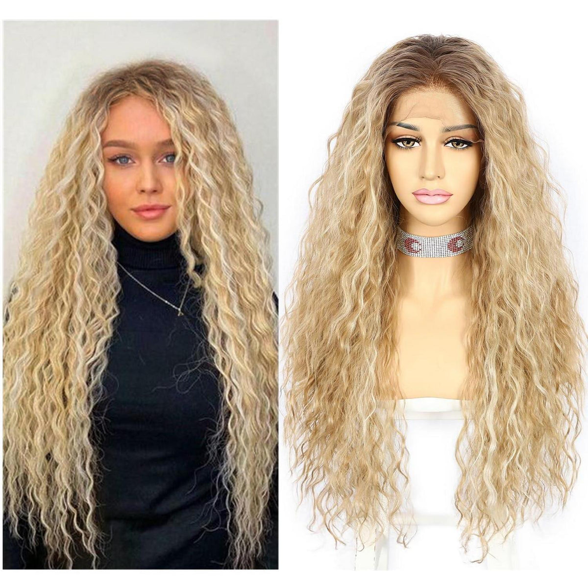 Lockige Blonde Lace Front Perücke – Synthetisch, 26 Zoll
