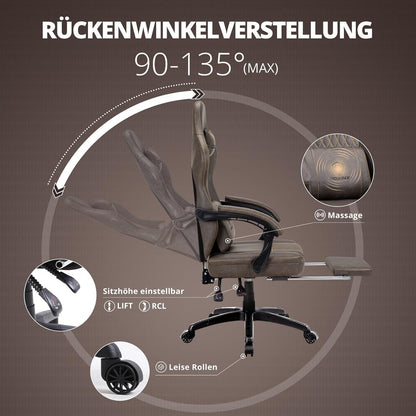 Ergonomischer Gaming Stuhl mit Massage und Lendenwirbelstütze - Braun