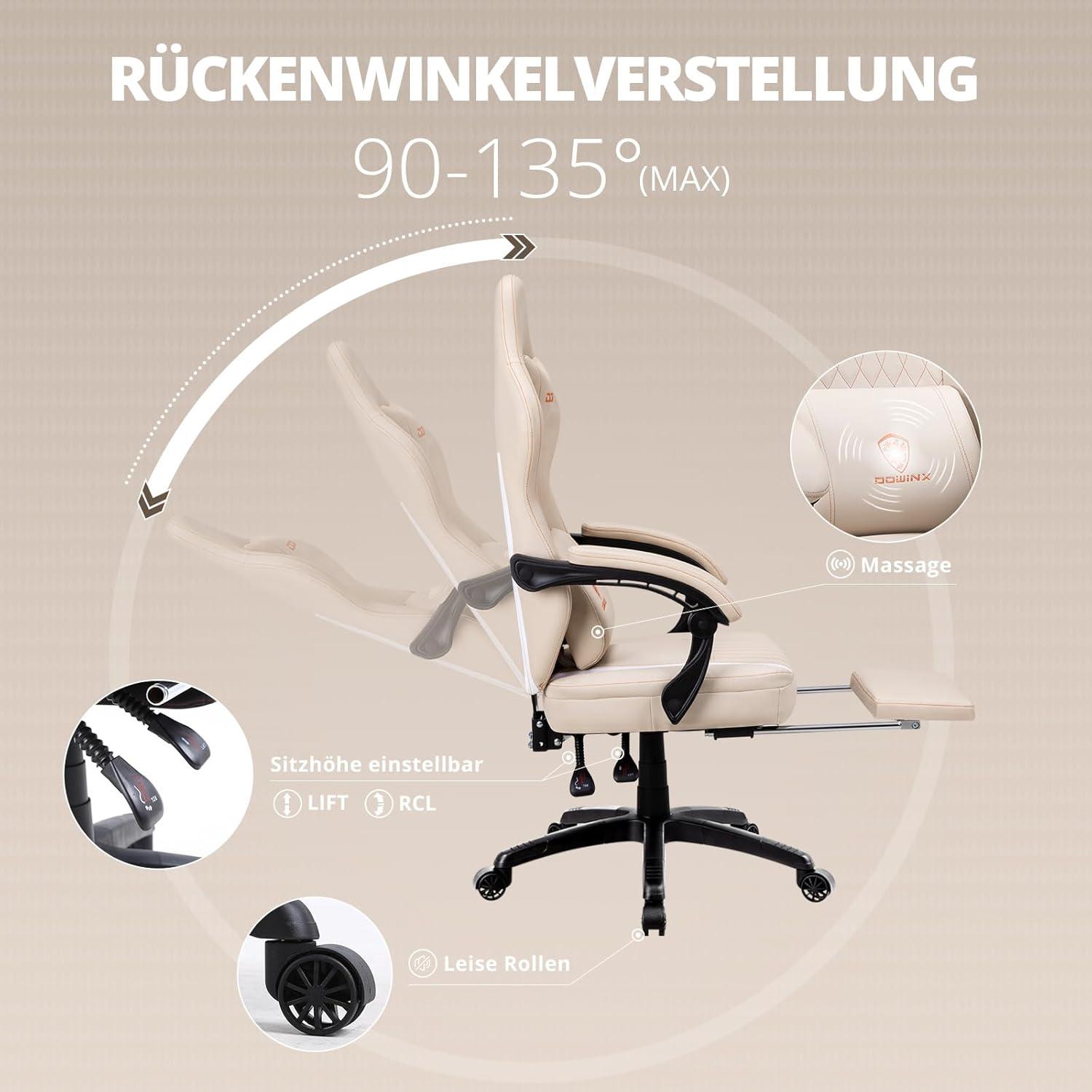 Gaming Stuhl mit Massage Lendenwirbelstütze Fußstütze Weiß Elfenbein